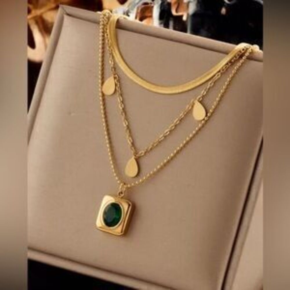 Gold Stainless Steel Layered Necklace with Green Stone Pendant Dainty